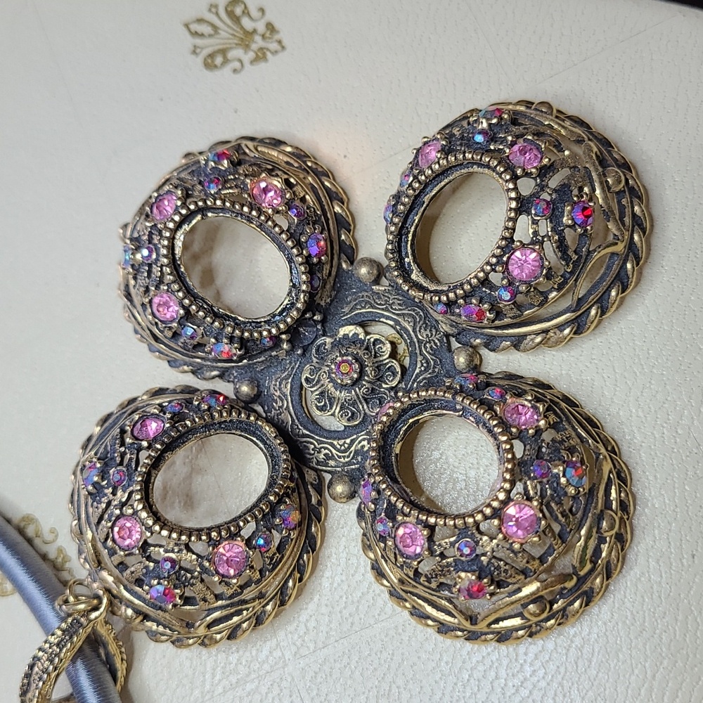 2/$22 Large Goldtone, Pink, Red Crystal Filigree Clover Pendant,  Silk Choker